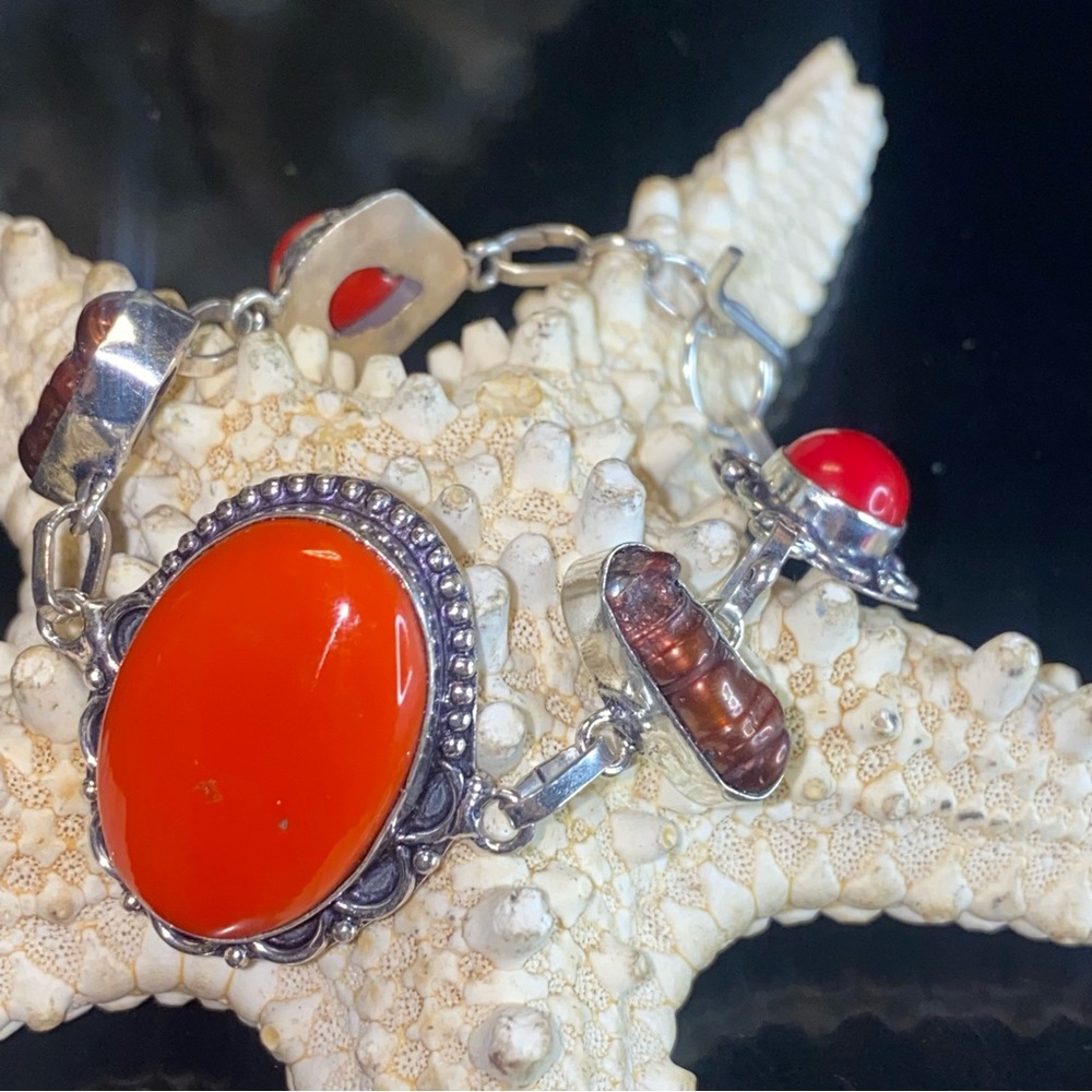 Italian Coral + Biwa Pearl vintage handcrafted multi-gem bracelet